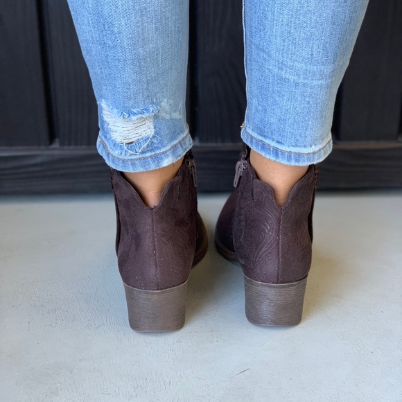 Texas Brown Brocade Floral Embossed Ankle Booties - Picture 6 of 8